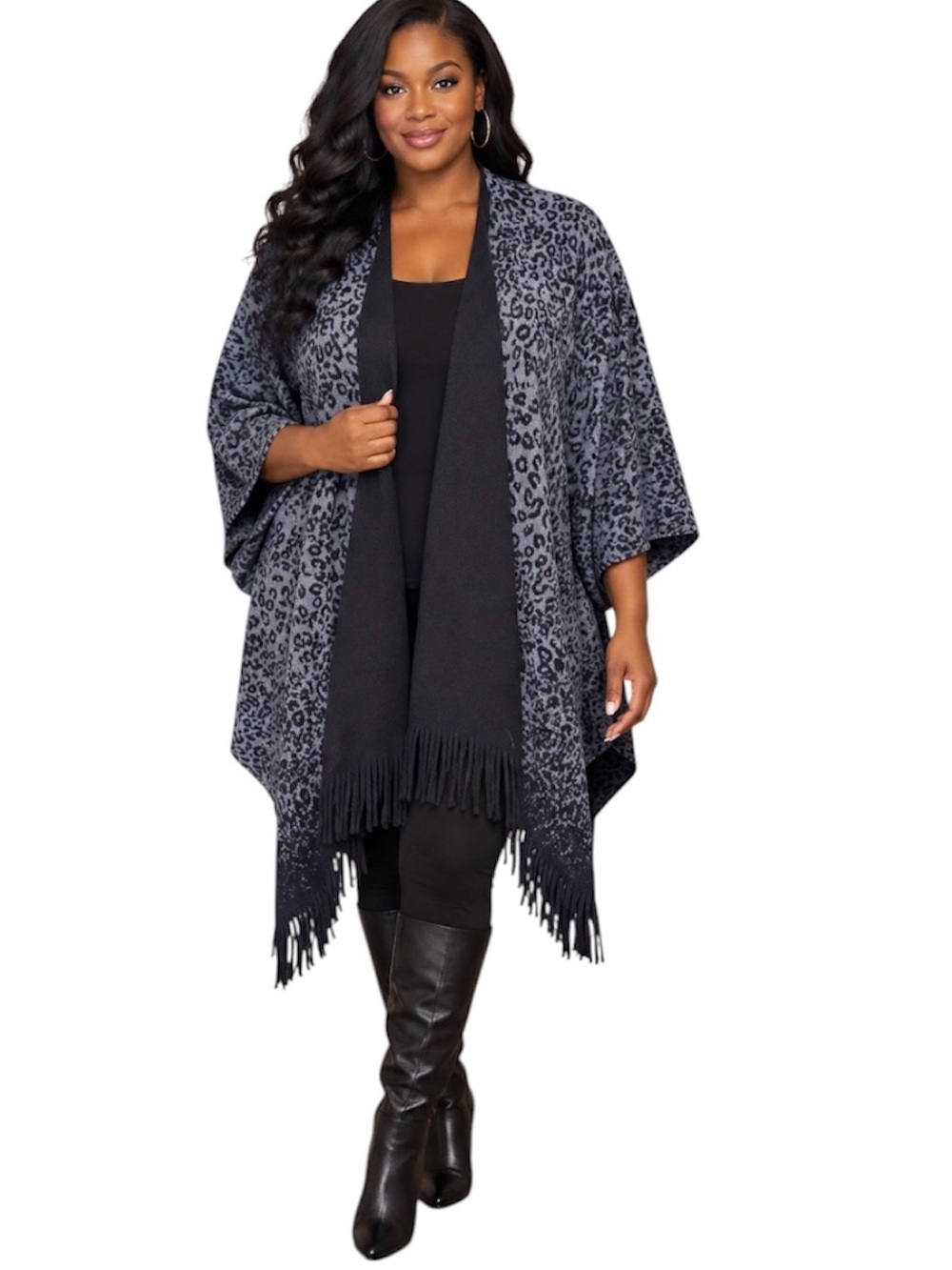 NWT Rachel Roy Gray Leopard Print Fringe Open Front Sweater Wrap